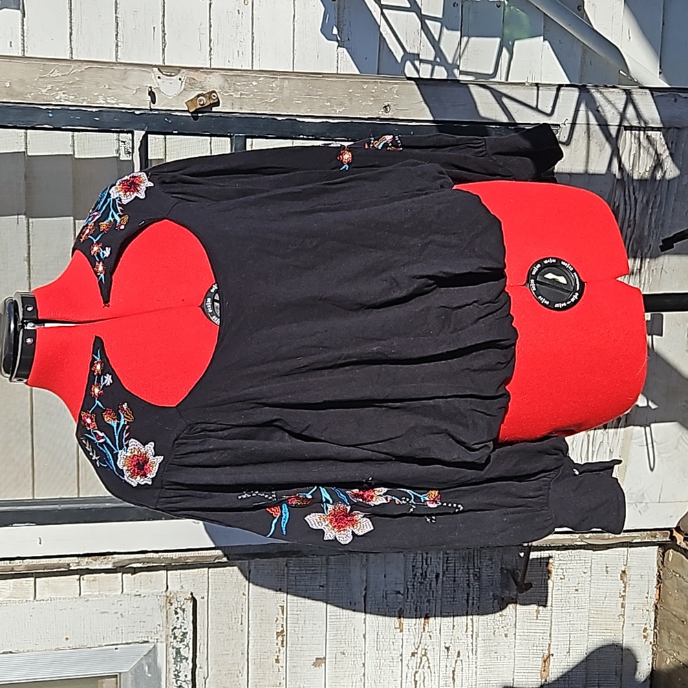 Free People Lita Top Floral Embroidered Cutout Black Blouse Long Sleeve